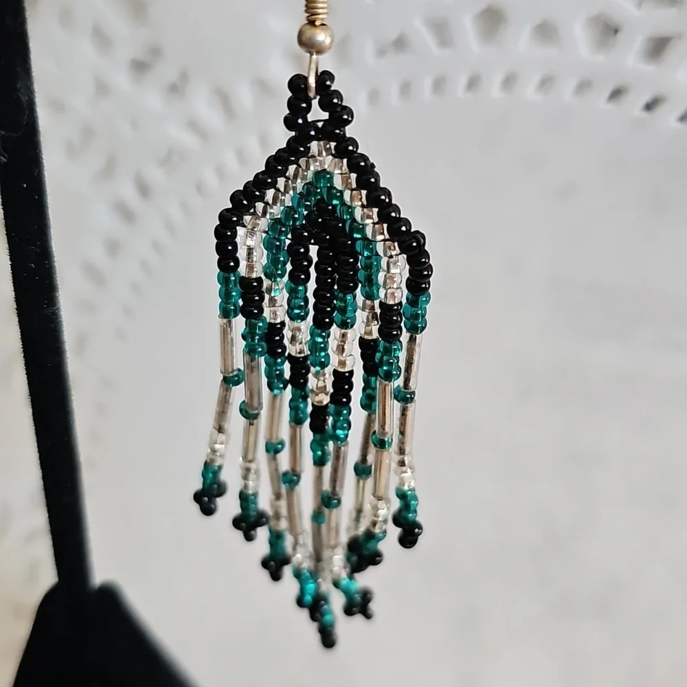 Philadelphia Eagle Fans Elegant Beaded Dangle Earrings - Black and Teal